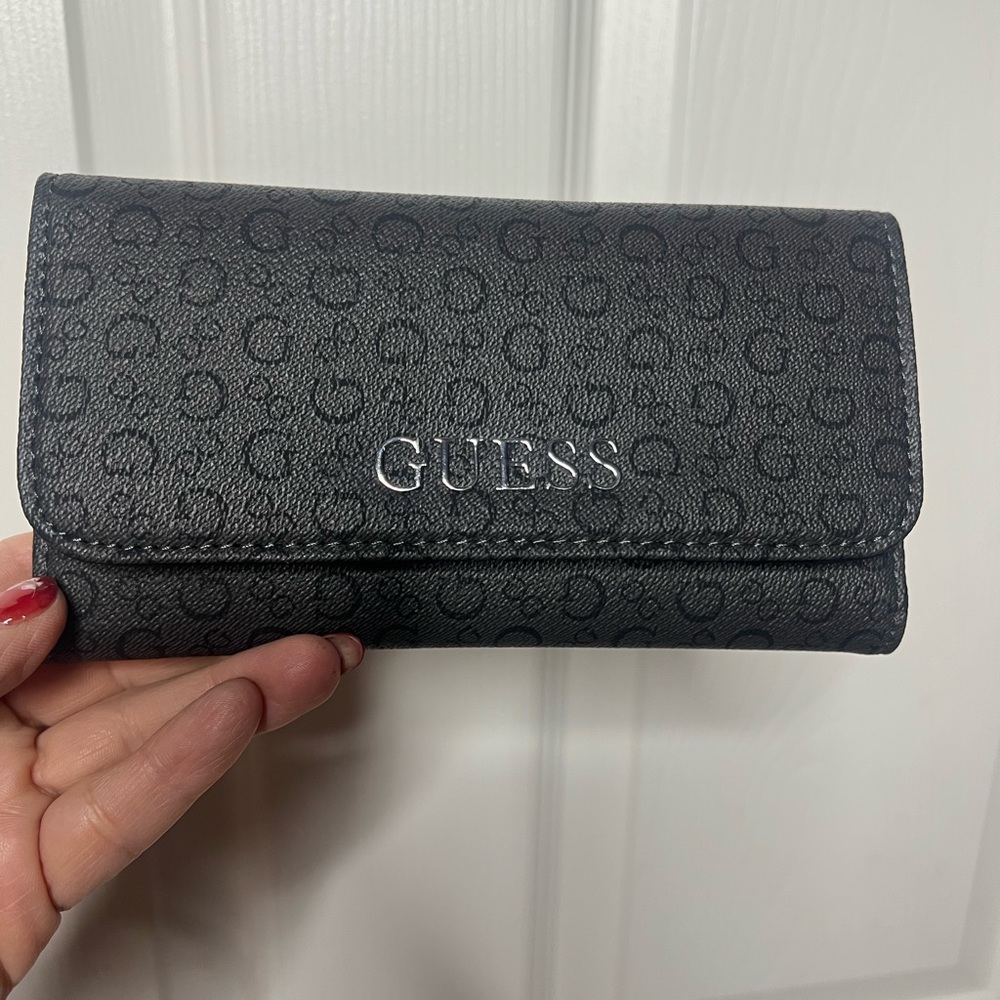 Guess Black Monogram Trifold Wallet with Silver Logo